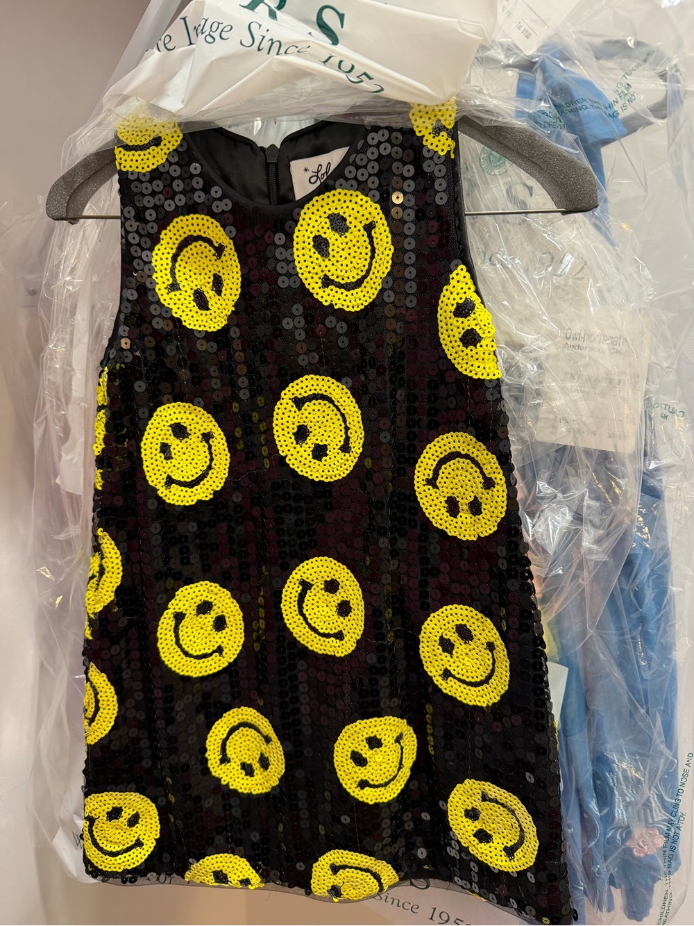 Lola + The Boys Black Sequin Dress with Yellow Smiley Faces